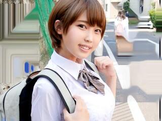 ショートカットの制服女子を帰宅中にナンパしてエロゲームチャレンジ♡変態おじさんの種付けプレスで鬼ピストンされて手マンで潮吹きイキ